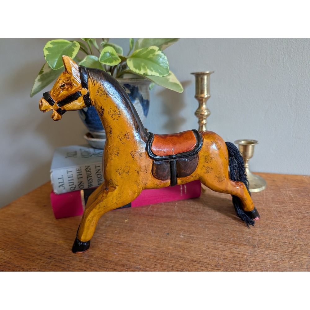 Vintage Folk Art Hand Painted Wooden Horse Figurine Decorative Animal Sculpture